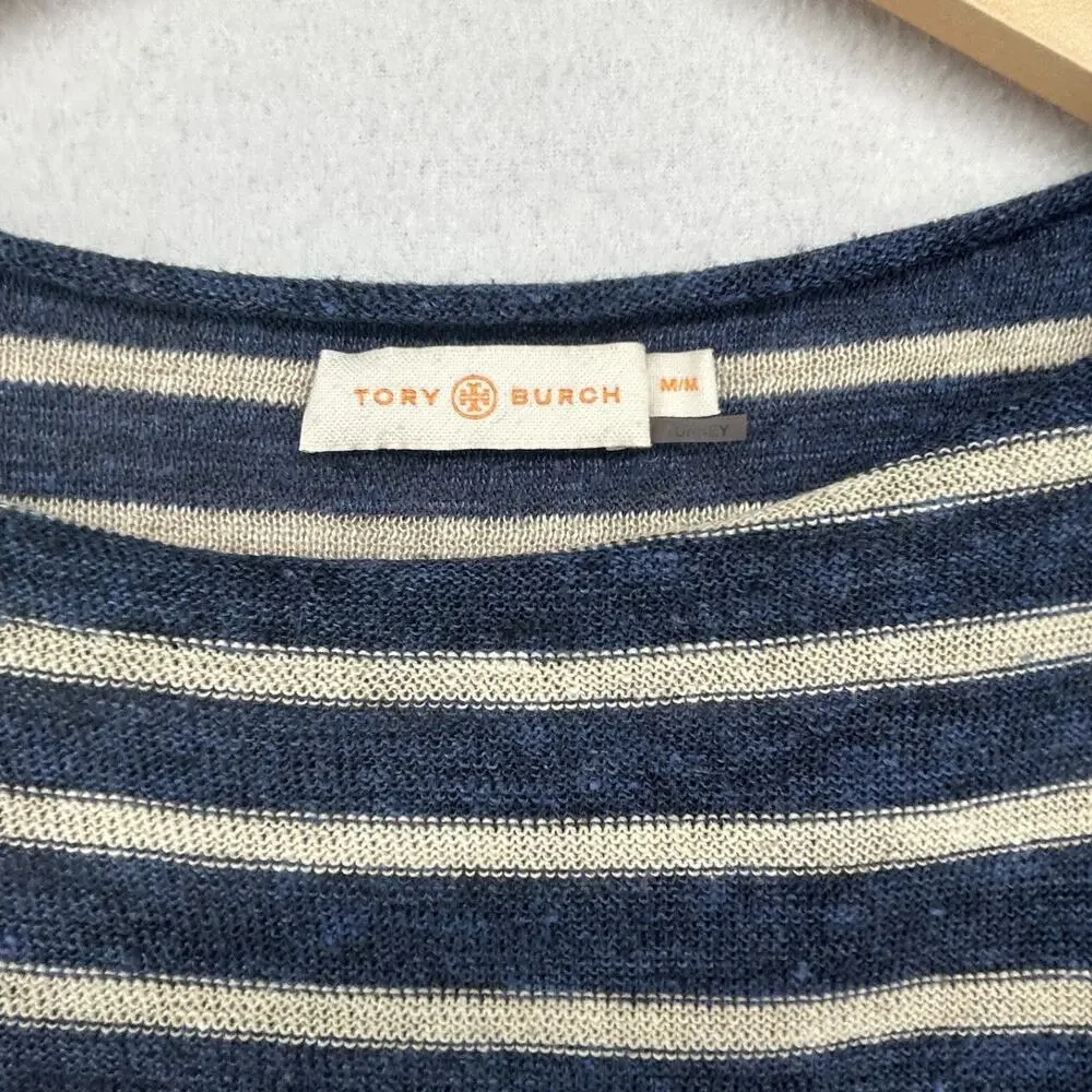 TORY BURCH Sweater M Linen Blend Striped Side Panel Boat Neck Pullover Blue